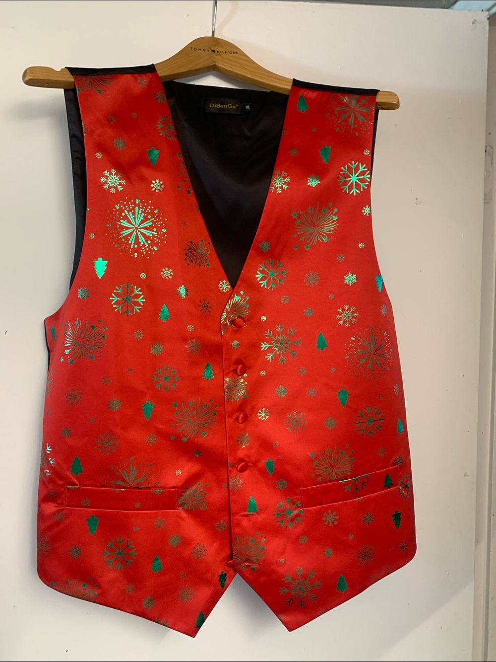 Diba Red Satin Holiday Vest with Green and Gold Accents, 3 piece set!